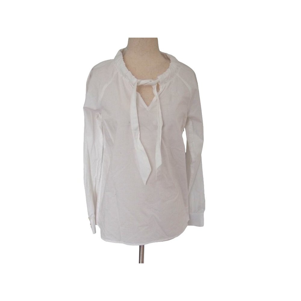 Talbots Womens Blouse Top SP Petite White Ruffle Tie Long Sleeve